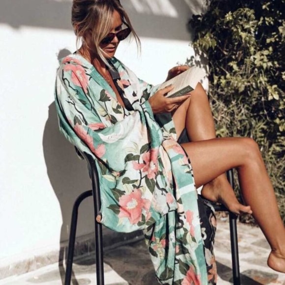 Boho Green Floral print Kimono Crane Cover up - Picture 7 of 9